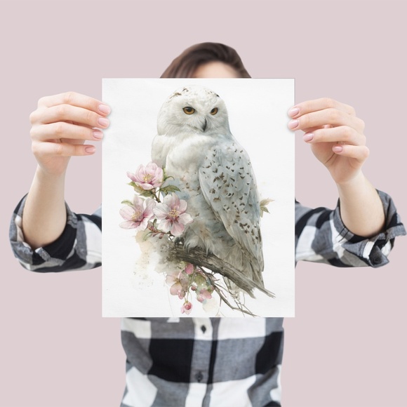 Watercolor Snowy Owl with Flowers Portrait Wall Art Print, Unframed - Enchanting - Picture 4 of 6
